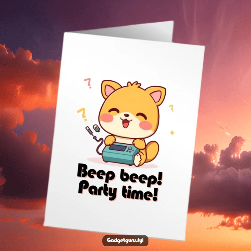 Funny Free Printable Birthday Card: A happy animal character merrily beeps while focused on programming a small, techy device.