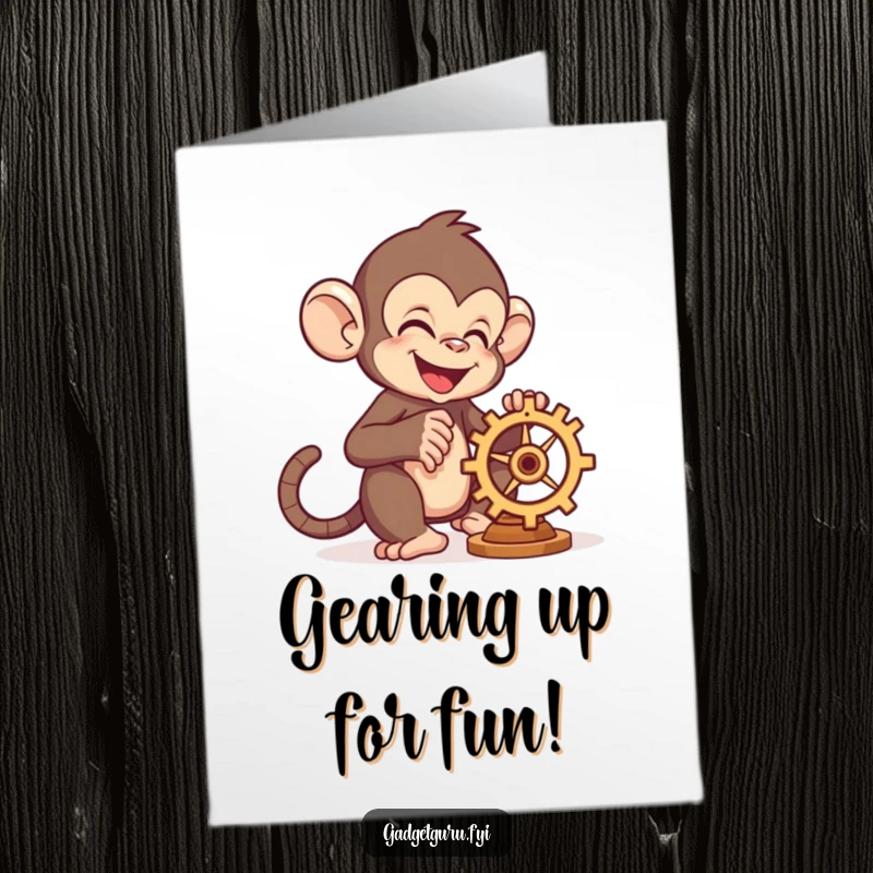 Funny Free Printable Birthday Card: A skilled monkey with a wrench joyfully tinkers with a small, whirring gear, celebrating with energy.