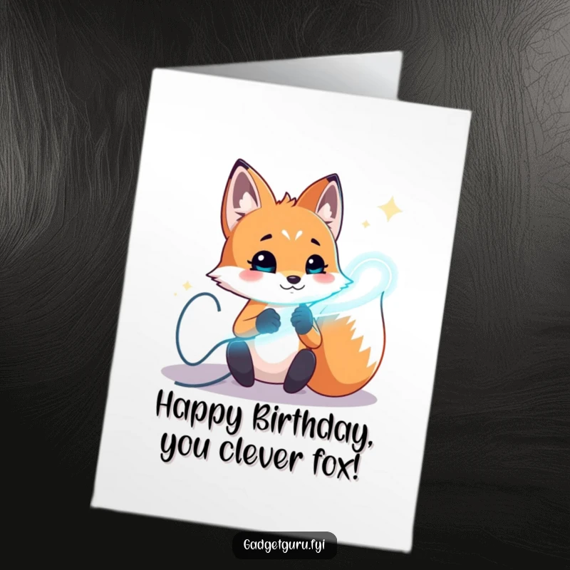 Funny Free Printable Birthday Card: Playful fox character eagerly experimenting with sparking, glowing wires, looking curious.