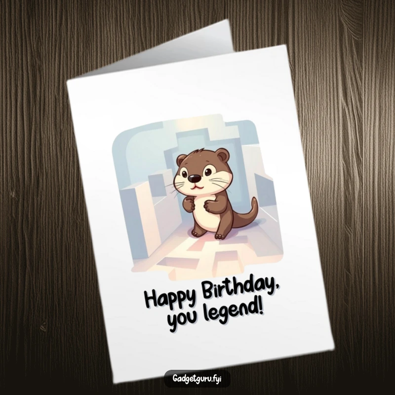 Funny Free Printable Birthday Card: Determined otter navigating a glowing maze, symbolizing finding their way. A clever downloadable card.