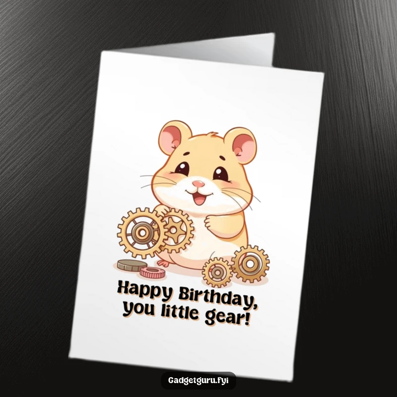 Funny Free Printable Birthday Card: Smiling hamster character enthusiastically tinkering with intricate, tiny mechanical gears.