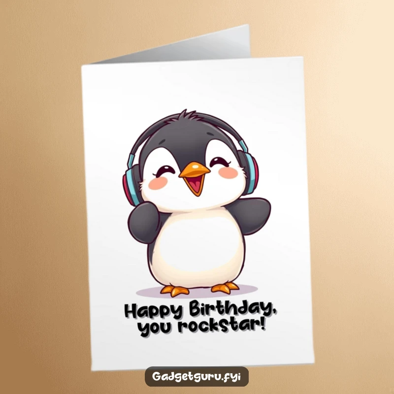 Funny Free Printable Birthday Card: Fuzzy penguin chick wearing headphones, excitedly giving a rave review about the birthday.