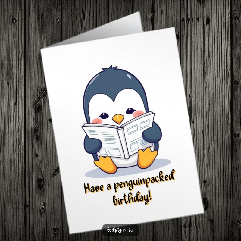 Funny Free Printable Birthday Card: Studious penguin intently reading a tiny tech manual, celebrating with brains.