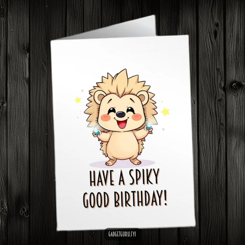 Funny Free Printable Birthday Card: Happy hedgehog juggling flashing LEDs, radiating joy. A bright and humorous downloadable card.