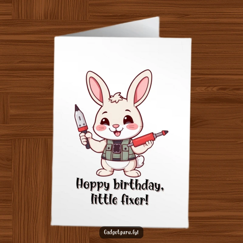 Funny free printable birthday card with a cheerful bunny holding a tiny screwdriver, exuding confidence and DIY spirit.