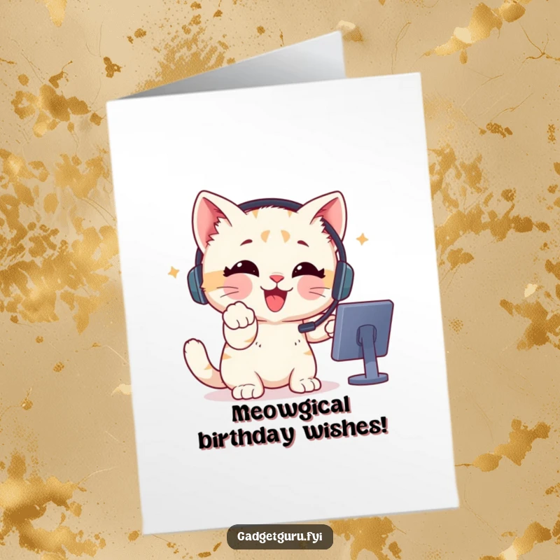 Funny Free Printable Birthday Card: A delighted kitten with a headset points at a screen, ready to celebrate your birthday.