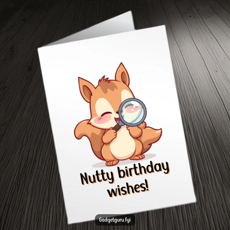 Funny Free Printable Birthday Card of a playful squirrel excitedly peering through a magnifying glass, exploring their big day.