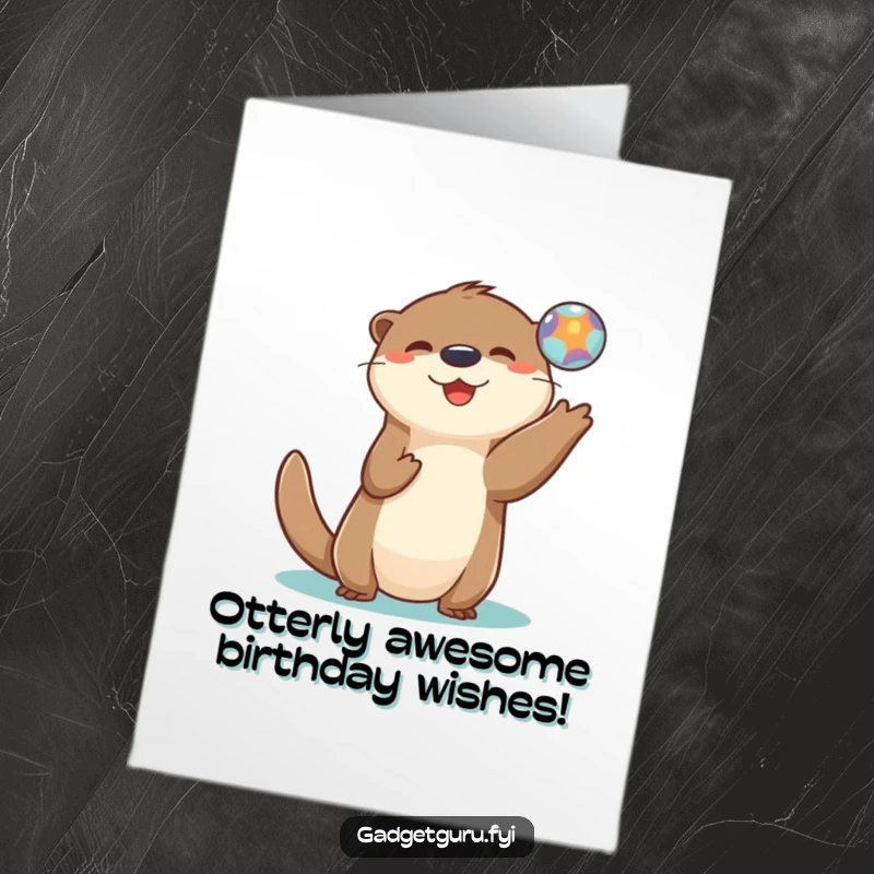 Funny Free Printable Birthday Card: Playful otter character happily tossing a glowing small digital orb with its paws, celebrating a birthday.