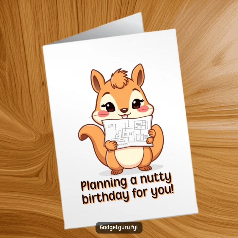 Funny free printable birthday card featuring a cheerful squirrel holding a tiny blueprint with a determined look, ready to build a fun celebration.