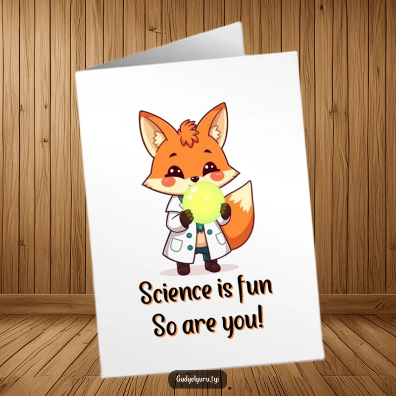 Funny Free Printable Birthday Card: Cheerful fox scientist in lab coat holds glowing orb, ready for a scientific celebration.