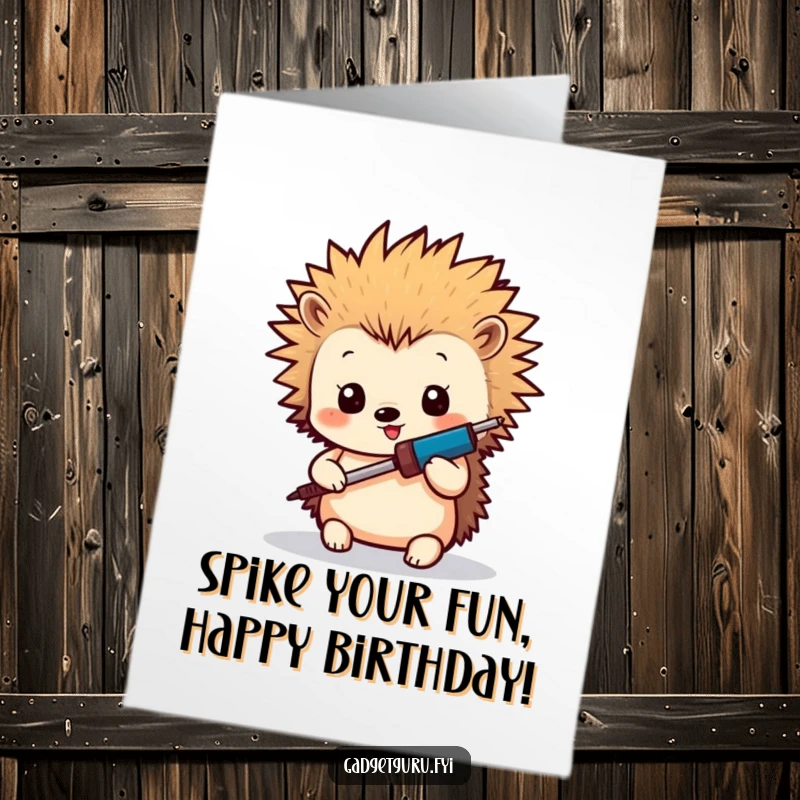 Funny Free Printable Birthday Card: Tiny hedgehog with spiky hair holding a miniature soldering iron, ready to craft.