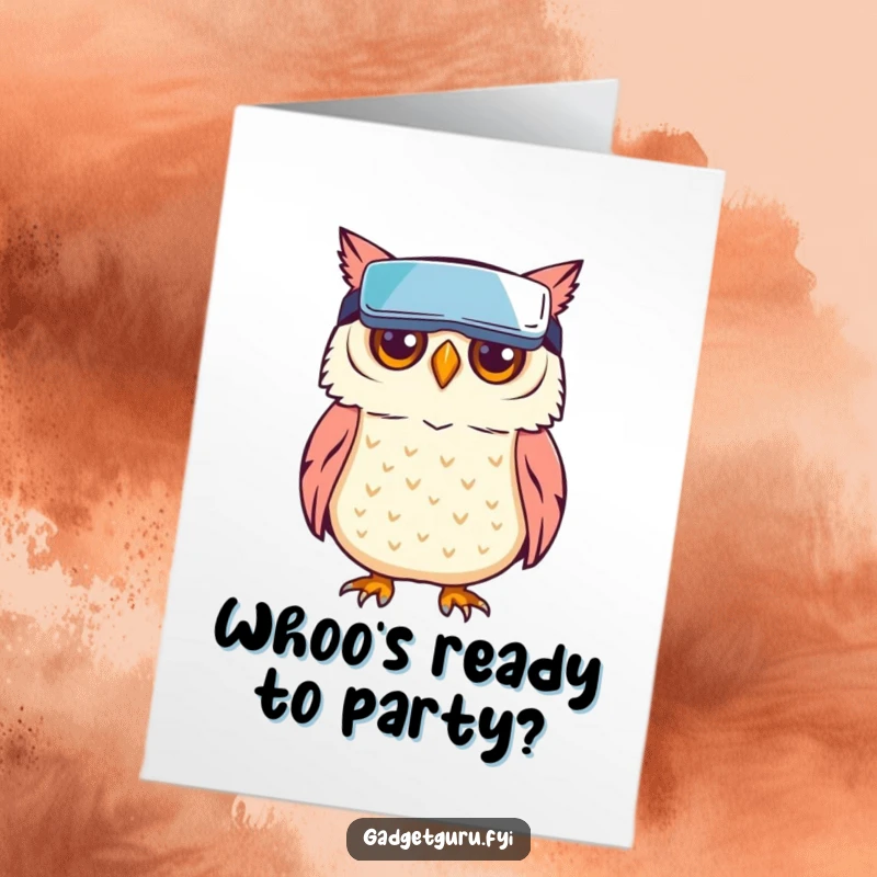 Funny Free Printable Birthday Card: A creative owl with big eyes wears tiny VR goggles, exploring a virtual world in celebration.