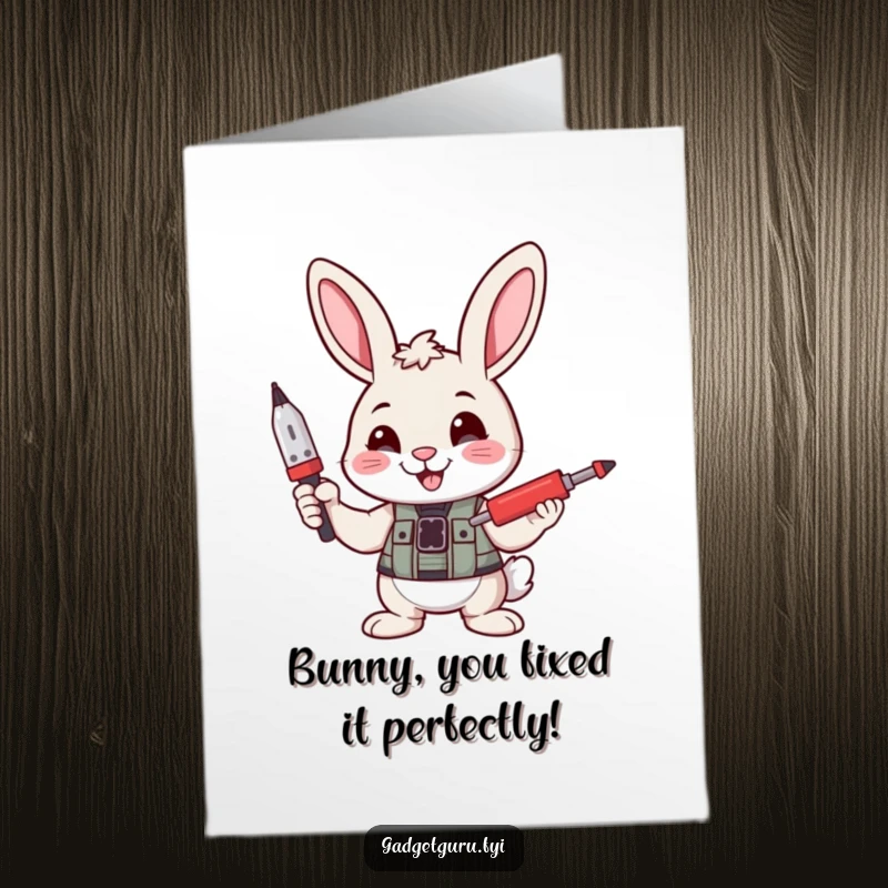 Funny free printable congratulations card showing a confident bunny with a tiny screwdriver, celebrating success with DIY charm.