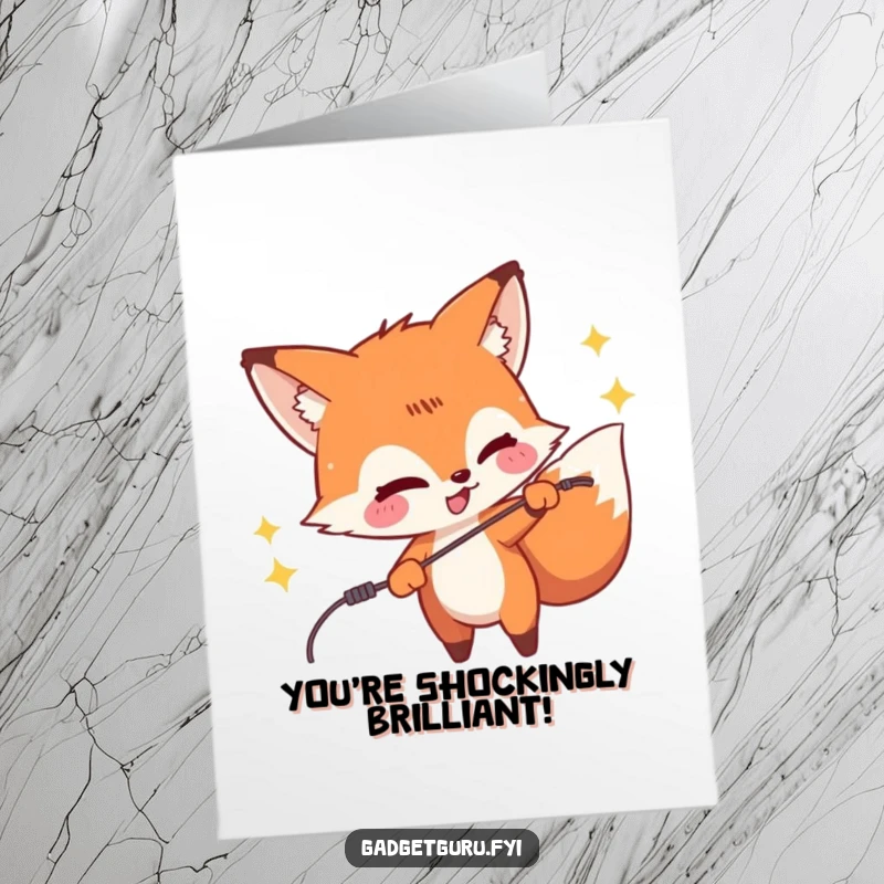 Funny Free Printable Congratulations Card: A mischievous fox character playfully zaps a wire, sending out sparks.