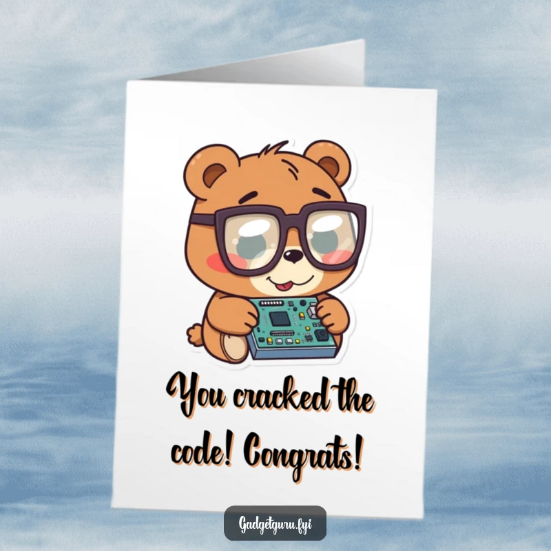 Funny free printable congratulations card: a bear character in large glasses meticulously inspecting a tiny, intricate circuit board.