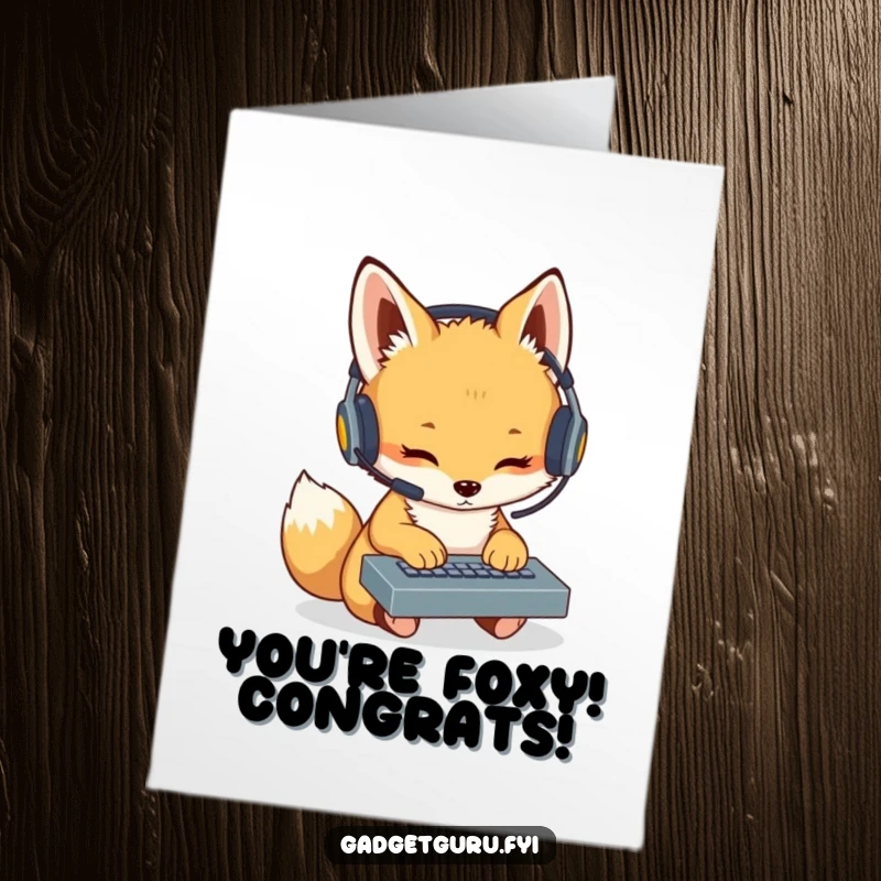 Funny Free Printable Congrats Card: Cute fox cub with a headset intently tapping on a miniature keyboard, celebrating a coding win.
