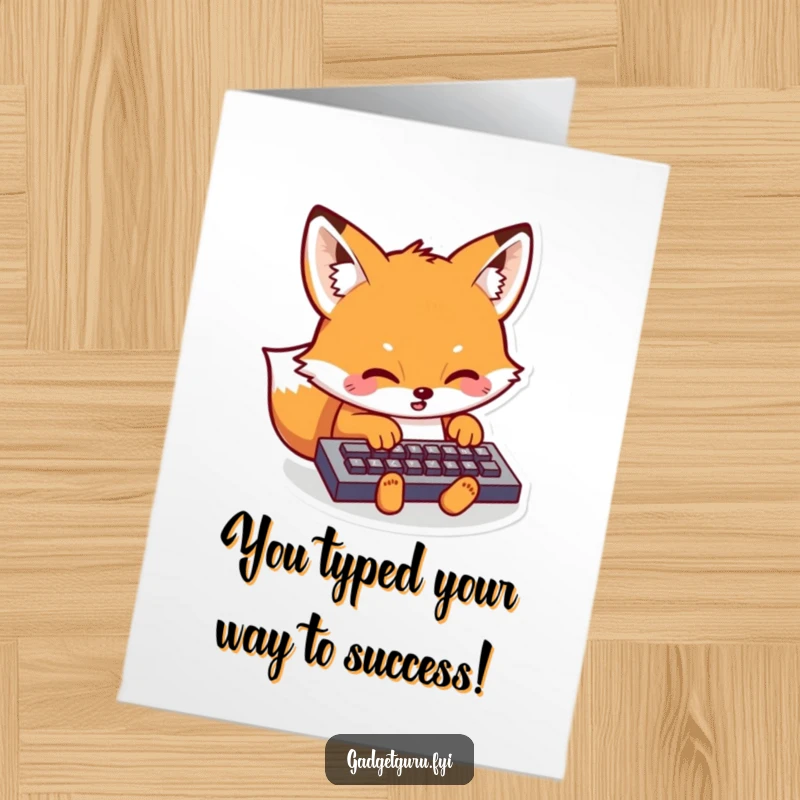 Funny Free Printable Congrats Card: Kawaii fox intensely typing on a miniature keyboard to send congratulations.