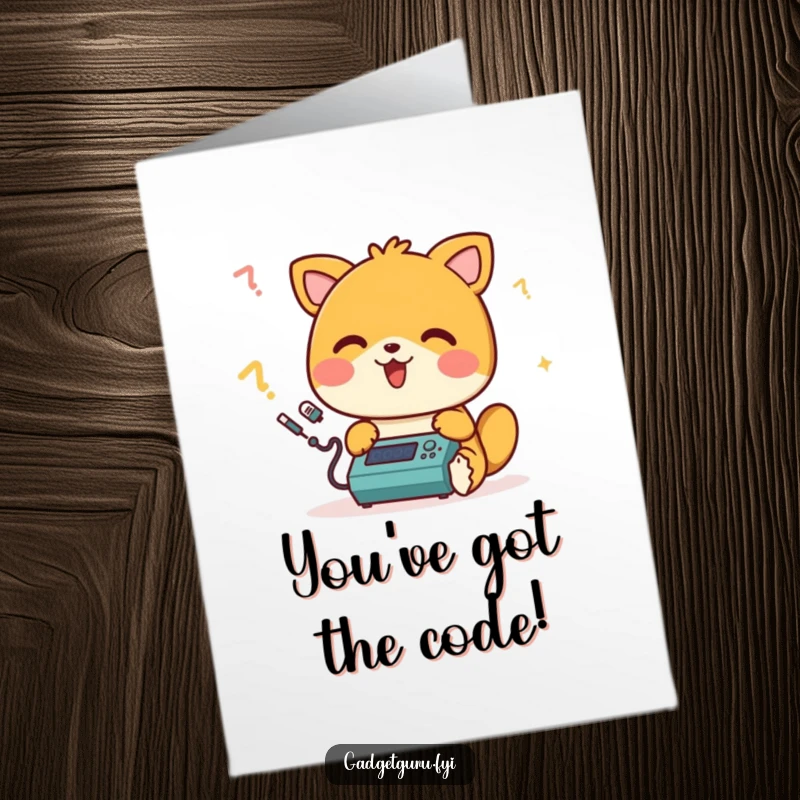 Funny Free Printable Congratulations Card: A happy animal beeps merrily while programming a device, celebrating a technical win.