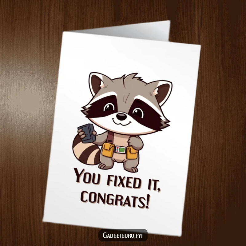 Funny Free Printable Congrats Card: Cheerful raccoon mechanic holding tools, ready to celebrate any accomplishment with a grin.