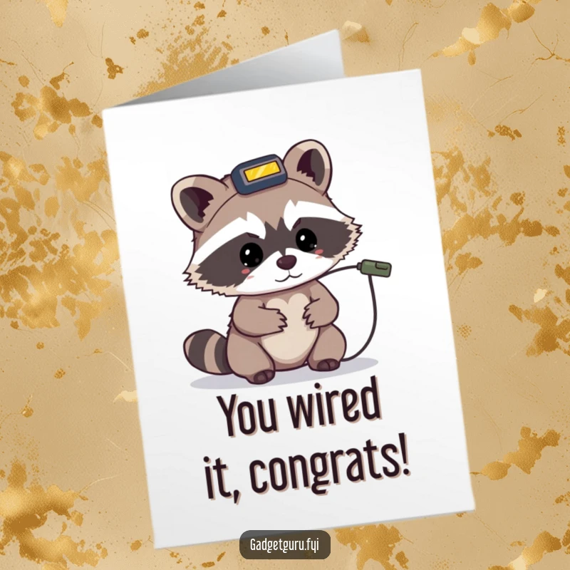 Funny free printable congratulations card: a tiny raccoon wearing a headlamp studies a tiny wire, symbolizing problem-solving success.