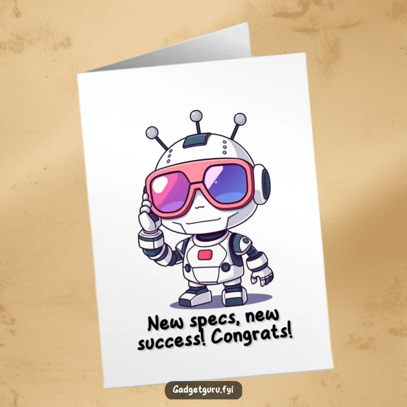 Funny Free Printable Congratulations Card: A cute robot character adjusting large, futuristic glasses with a look of accomplishment.