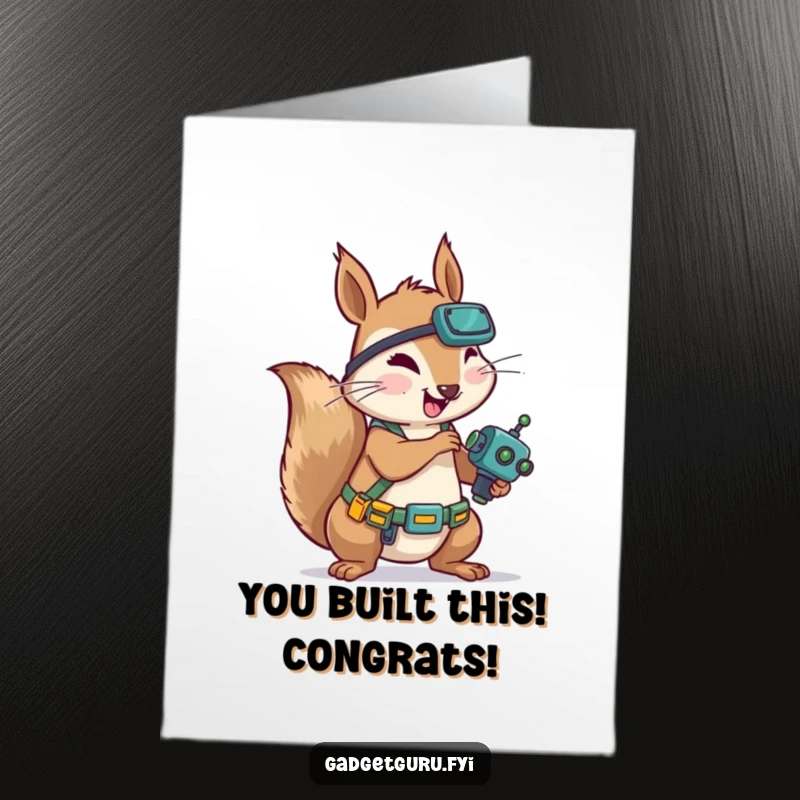 Funny Free Printable Congrats Card: Squirrel with a tool belt enthusiastically working on a tiny robot, celebrating success.