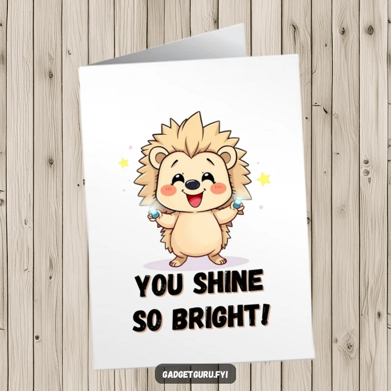 Funny Free Printable Congratulations Card: Happy hedgehog juggling flashing LEDs, symbolizing dazzling success. A bright and humorous downloadable card.