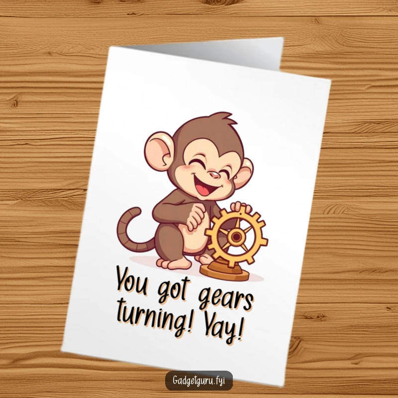 Funny Free Printable Congrats Card: A skilled monkey happily works on a small, whirring gear, signifying a job well done with a smile.