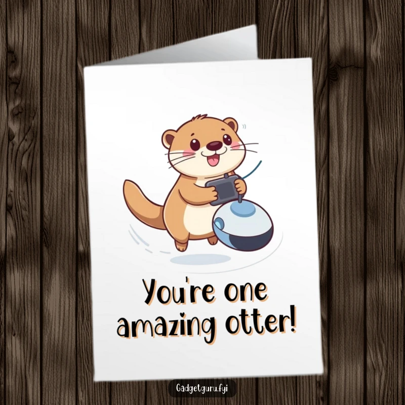 Funny Free Printable Congratulation Card: Playful otter character zooming with a remote-controlled toy in celebration.