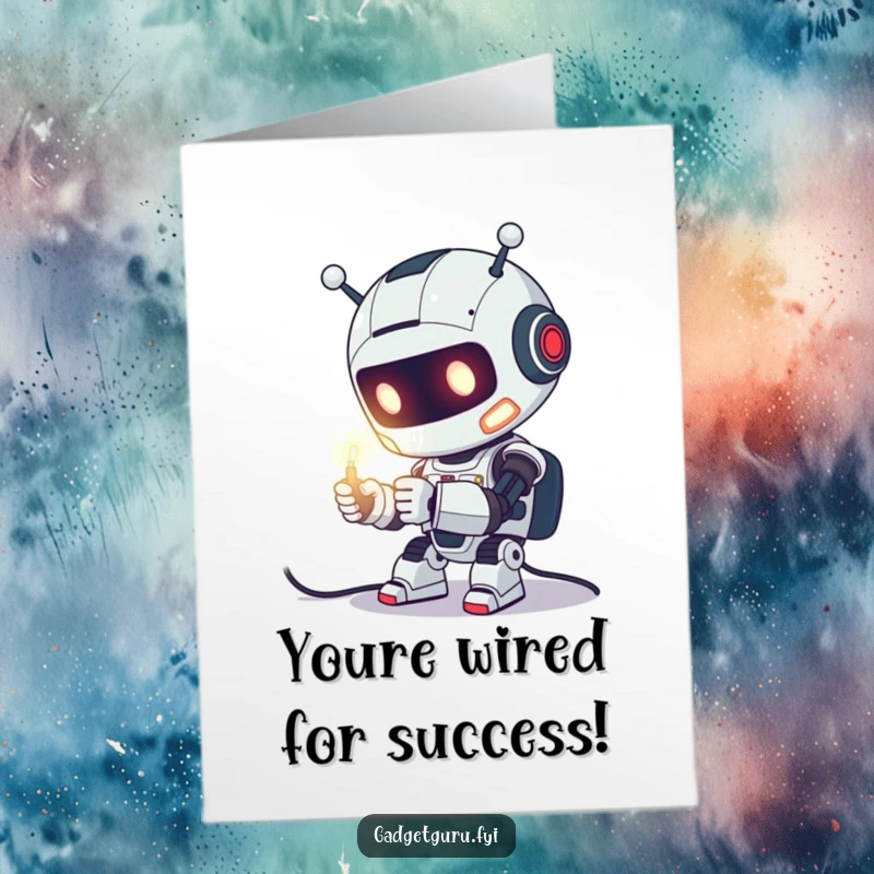 Funny Free Printable Congratulations Card showing a cute robot enthusiastically working on a glowing wire to celebrate success.