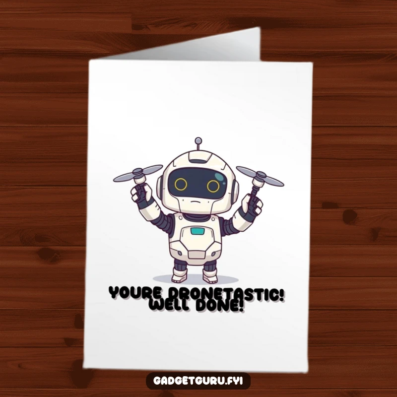 Funny Free Printable Congratulations Card: Small robot character excitedly holds up a tiny, spinning drone, congratulating success.