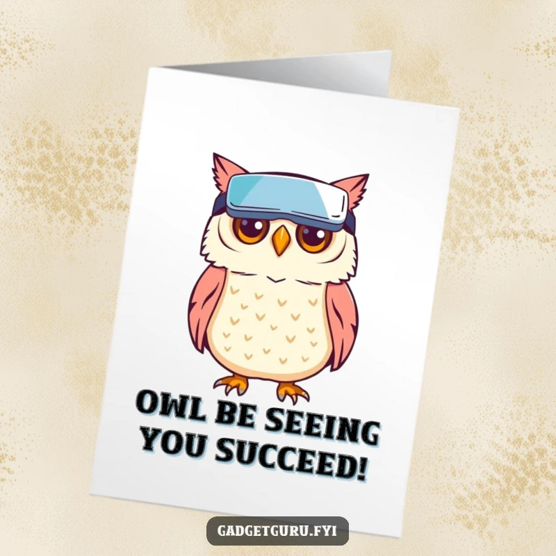 Funny Free Printable Congrats Card: A wise owl sporting tiny VR goggles looks into a virtual landscape, celebrating a visionary accomplishment.