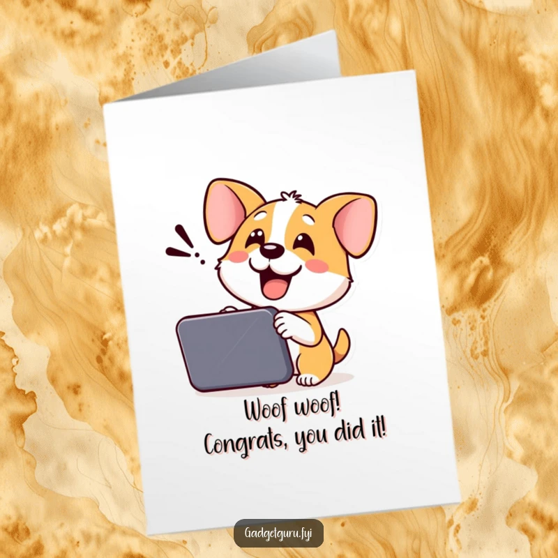 Funny Free Printable Dog Congratulations Card: Enthusiastic dog demonstrating a new device, a happy downloadable greeting.