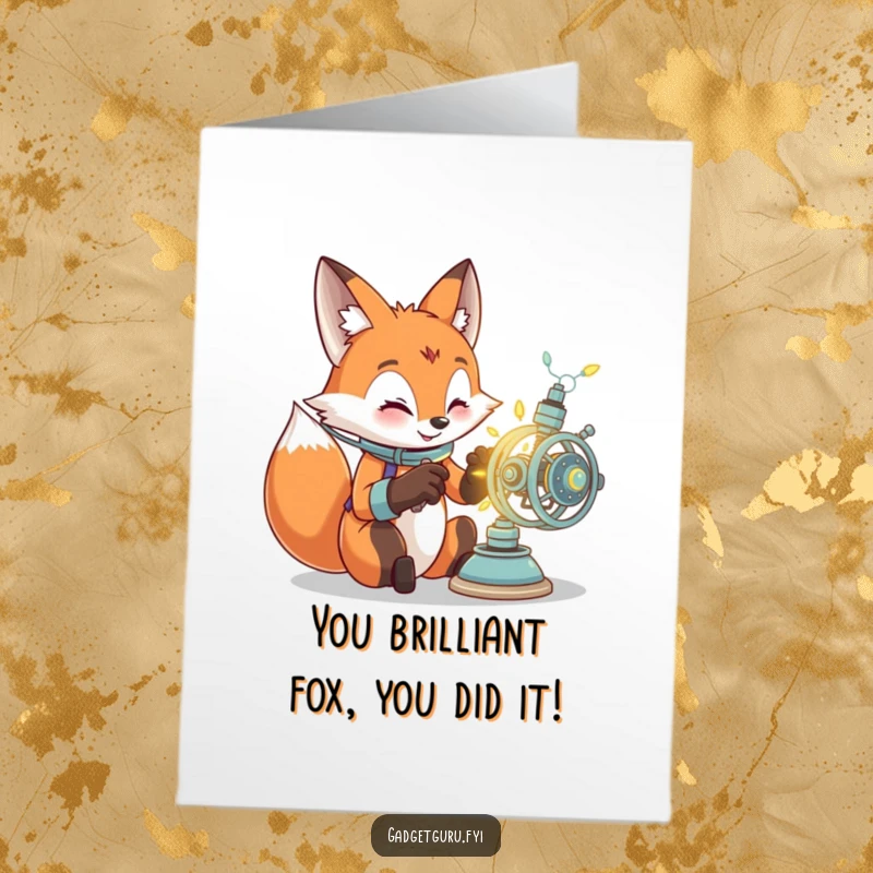 Funny free printable congratulations card of an excited fox tinkering with a complex, glowing contraption, celebrating achievement with humor.
