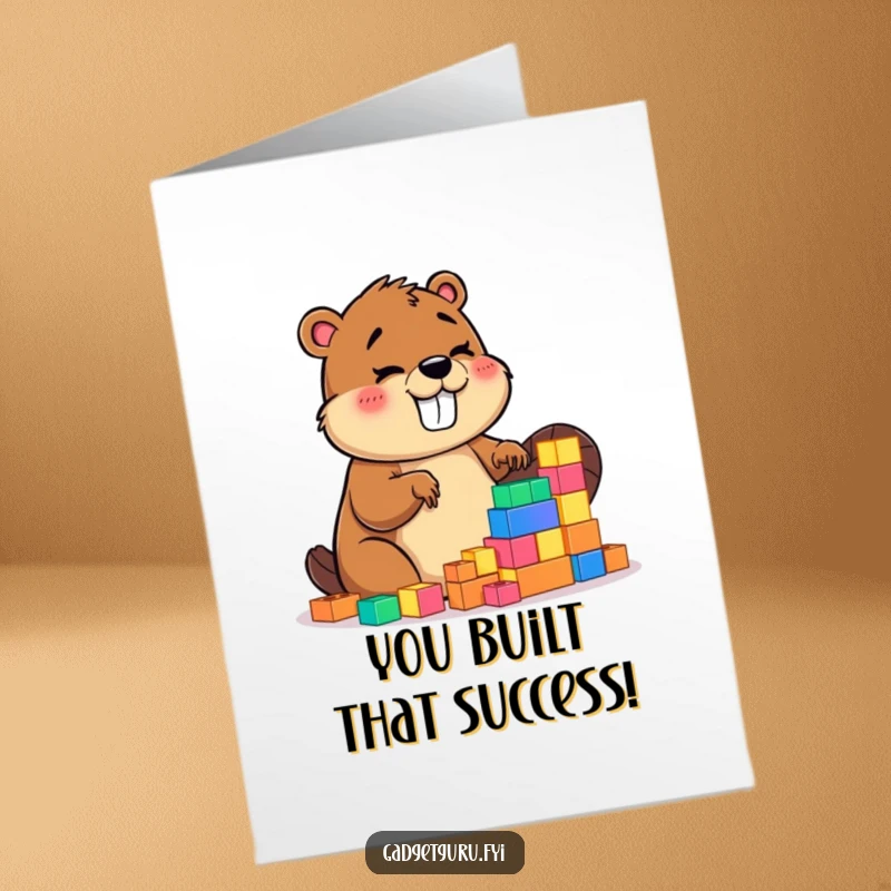 Funny Free Printable Congratulations Card: Giggling beaver enthusiastically building with glowing blocks, celebrating success. A humorous downloadable card.
