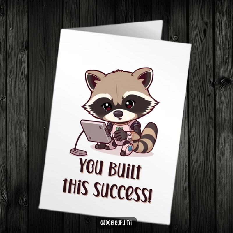 Funny free printable congratulations card: A dedicated raccoon energetically programs a small robot, celebrating your bright future.