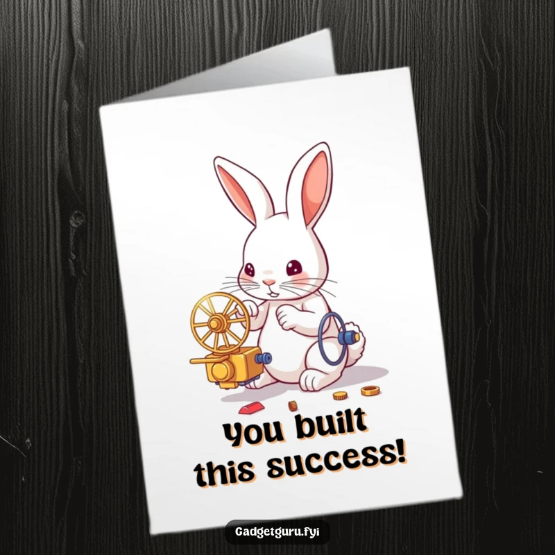Funny Free Printable Congratulations Card: Happy rabbit proudly displays his newly assembled, whirring mechanical contraption.