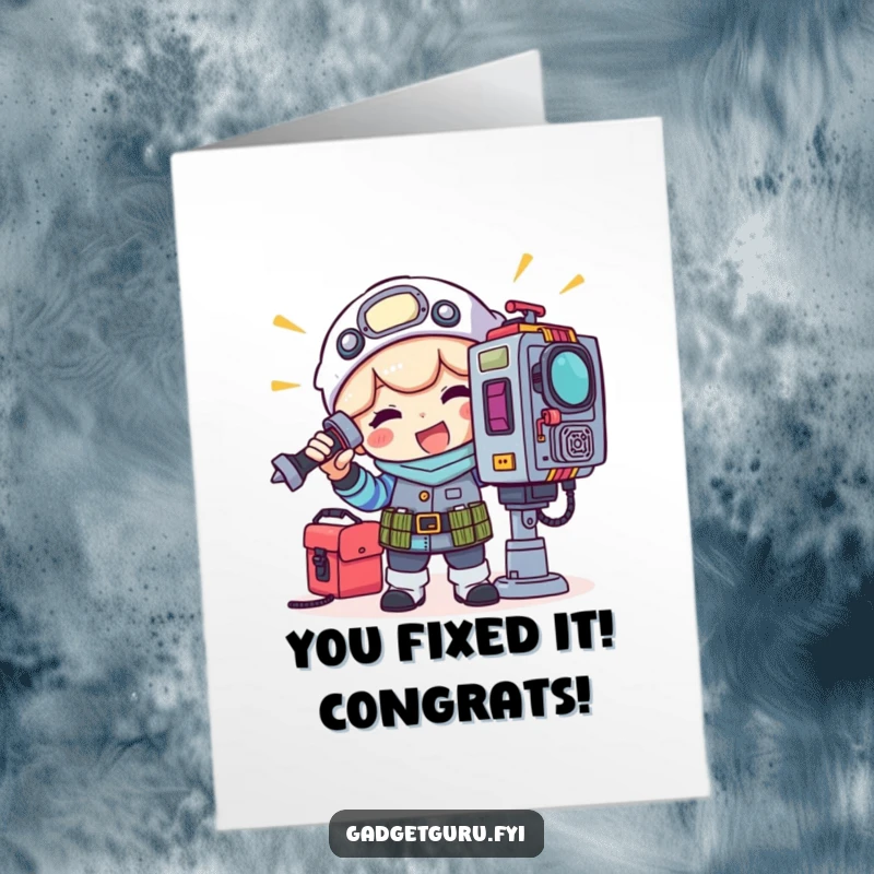 Funny Free Printable Congrats Card: Character in toolkit grinning while adjusting a blinking light on a tech gadget, DIY.