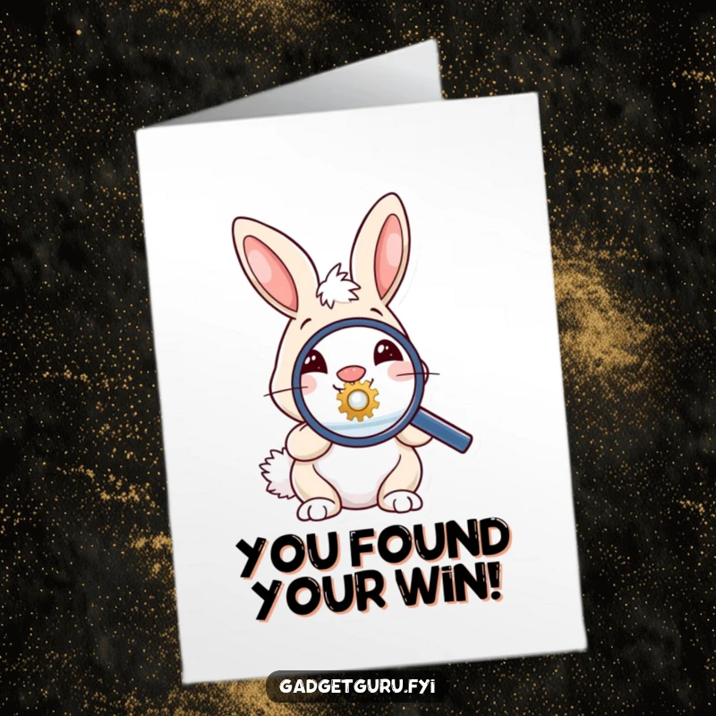 Funny Free Printable Congratulations Card: Bunny excitedly looking through a magnifying glass at a tiny gear, signifying achievement.