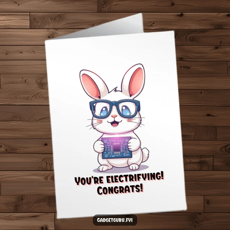 Funny Free Printable Congrats Card: Small rabbit with glasses holding a glowing circuit board, signifying a successful invention.