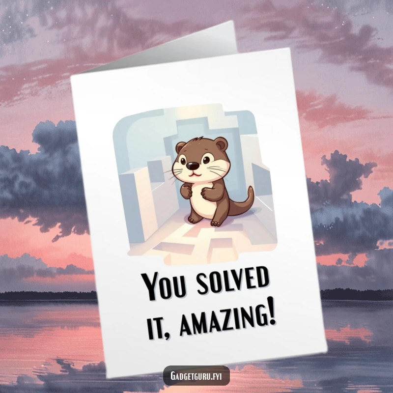 Funny Free Printable Congratulations Card: Determined otter navigating an illuminated maze, representing problem-solving and success. A clever downloadable card.