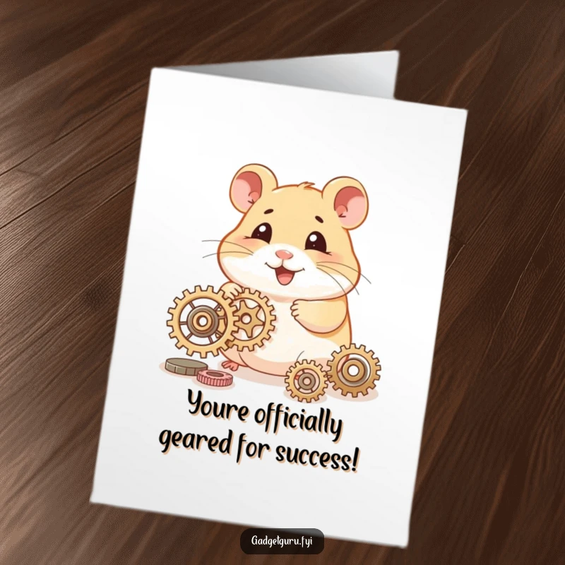 Funny Free Printable Congratulations Card: A smiling hamster character focused on assembling tiny gears, signifying achievement.