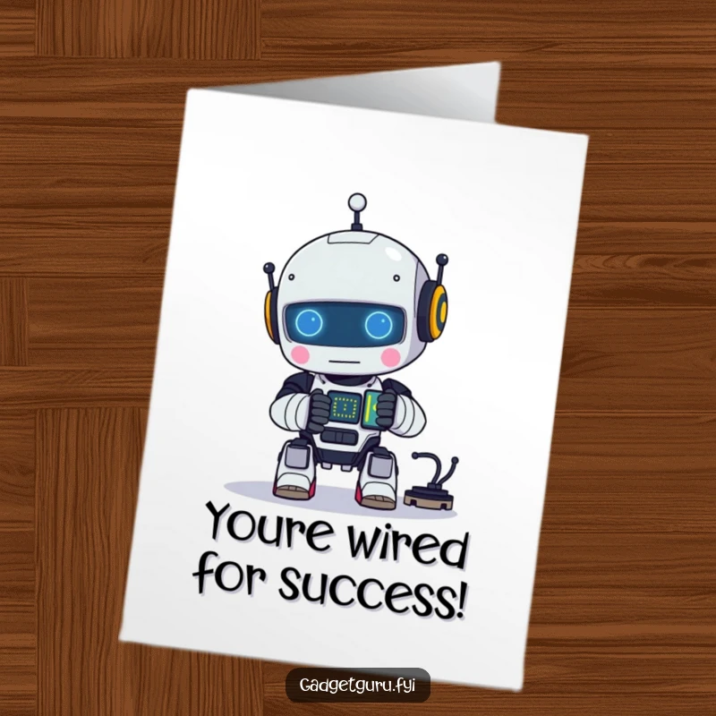 Funny Free Printable Congratulations Card: A happy little robot character meticulously assembling a small, glowing electronic circuit board.