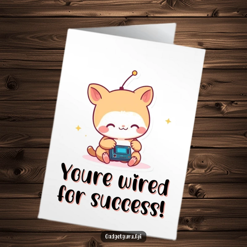 Funny Free Printable Congratulations Card: Small animal with antenna joyfully tinkers with a tiny circuit, celebrating a tech achievement.