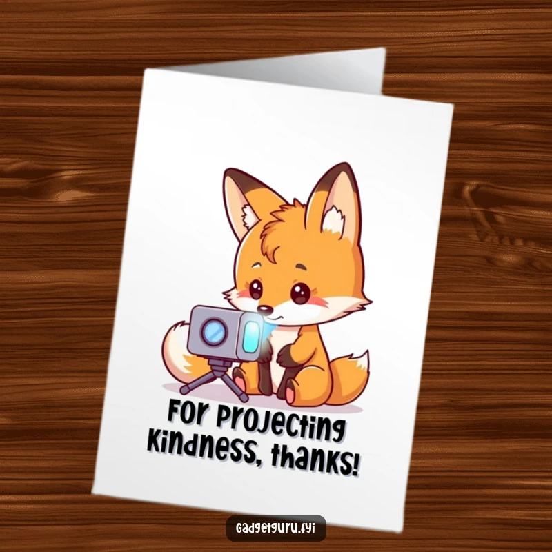 Funny Free Printable Thank You Card: A curious fox in spectacles marvels at a tiny holographic projector projecting a message of thanks.