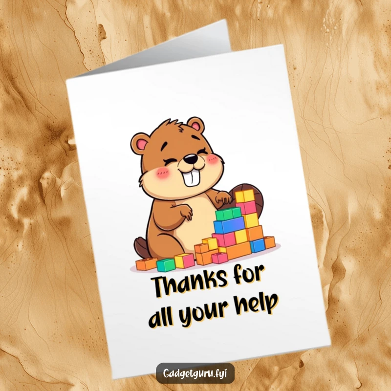 Funny Free Printable Thank You Card: Giggling beaver busy building with glowing blocks, showing gratitude. A hilariously charming downloadable card.