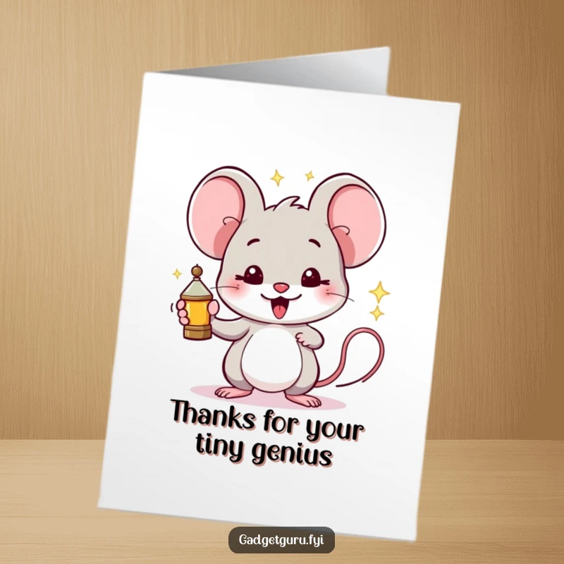 Funny Free Printable Mouse Thank You Card: Proud mouse holding a sparking miniature invention, an ingenious downloadable thank you.
