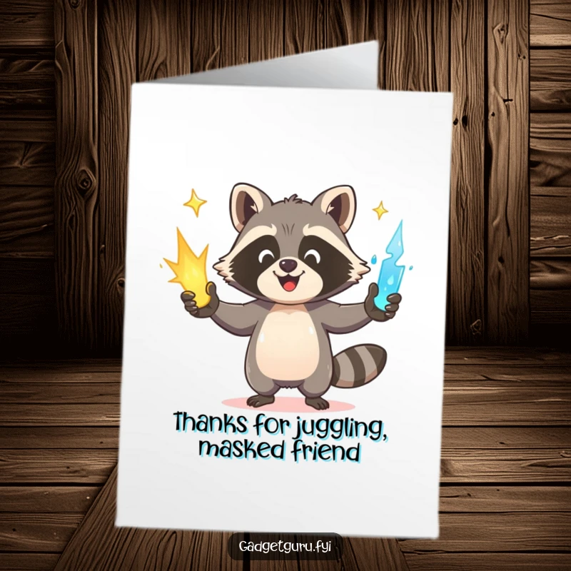 Funny Free Printable Raccoon Thank You Card: Happy raccoon juggling glowing power sources, a vibrant downloadable thank you.