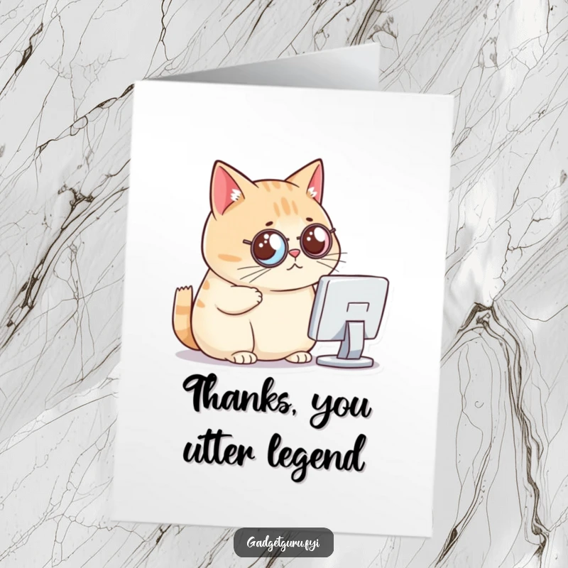 Funny Free Printable Thank You Card: Chubby cat with a monocle looking critically at a computer, acknowledging a favor.