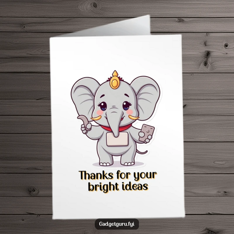 Funny free printable thank you card: A wise elephant showcases a compact gadget, offering thanks with a gentle, intelligent smile.